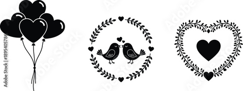 Romantic heart wreath and love birds icon set, valentine decoration silhouette vector isolated on light background
