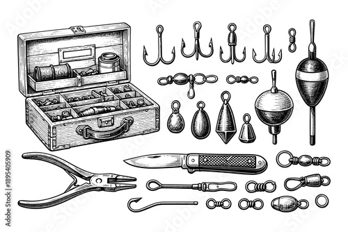 Vintage fishing gear collection with tackle box, hooks, and floats