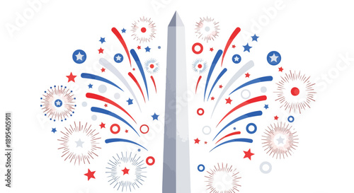 Vibrant patriotic celebration featuring a famous obelisk monument amidst a spectacular display of red, white, and blue fireworks, symbolizing national pride and unity