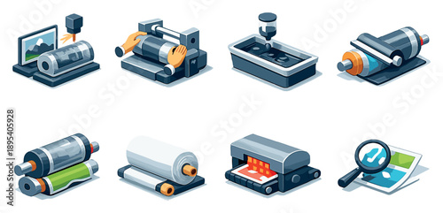 Gravure Press Workflow set of icons in flat isometric style: image engraving, cylinder mounting, ink application, blade wiping, transfer pressure, paper film. Vector icons
