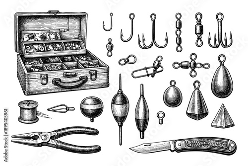 Vintage fishing tackle box with hooks, lures, line, and tools