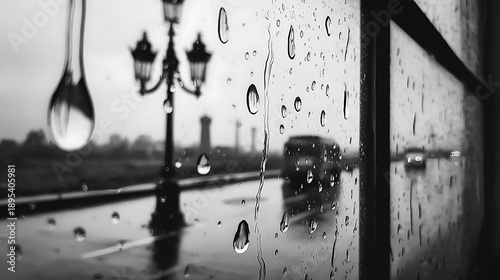 Rainy Window Scene with Water Droplets and Blurred Street View