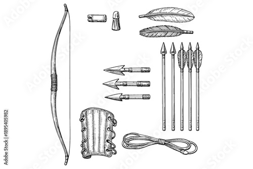 Archery equipment drawing: bow, arrows, quiver, arrowheads, feathers, rope