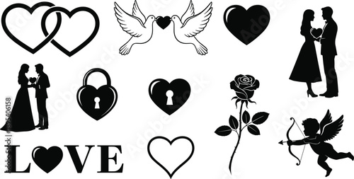 Romantic Valentine Love Icons Set, Couple Doves Heart Lock Rose Cupid Typography Vector Collection for Wedding Anniversary Design