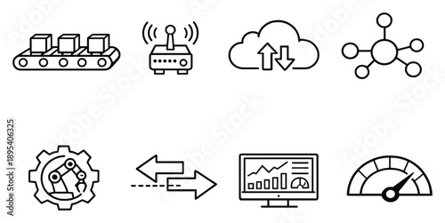Industrial machine link in outline style: conveyor belt, sensor node, cloud sync, network hub, automation gear, communication arrows, monitoring dashboard. Vector icons
