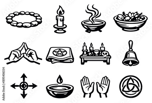 Ritual practices overview in outline style: ceremonial circle, ritual candle flame, incense smoke, offering bowl, symbolic gesture hands, sacred cloth, altar. Vector icons