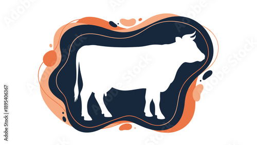 White silhouette of a cow stands against a layered abstract background of dark blue and orange organic shapes and dots.