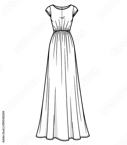 Illustration of a long, elegant gown with short sleeves and a gathered waistline. The dress has a flowing skirt, conveying simplicity and grace.