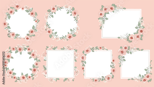 Collection of eight floral frames made of pink roses and green leaves on a soft pink background for wedding or card designs.