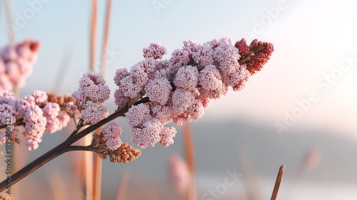 Pink Flower Cluster on Brown Branch in Soft Sunset Light