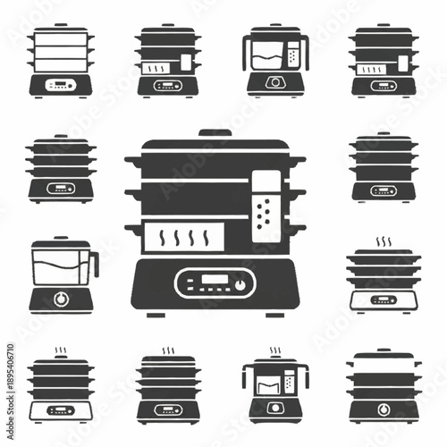 Collection of various food steamer designs and kitchen appliances.