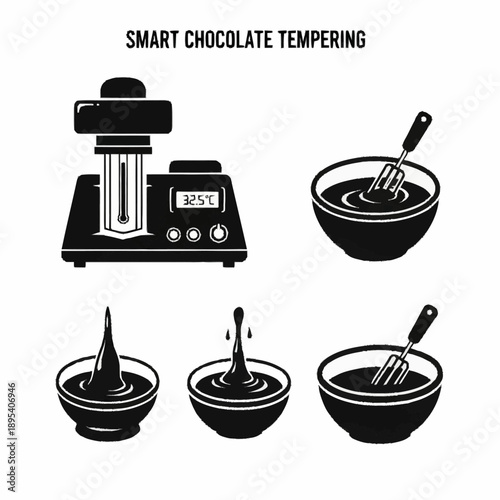 Smart Chocolate Tempering Machine and Bowls with Melted Chocolate.