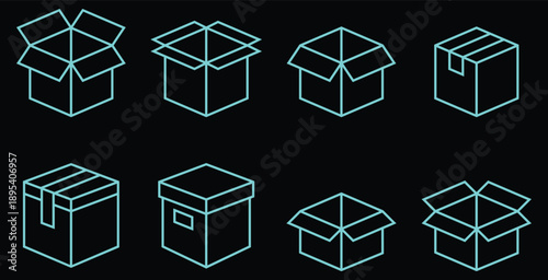 Vibrant neon outline icons of various delivery and storage boxes against a dark background