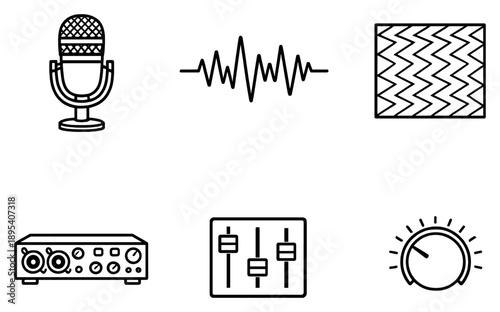 Noise Reduction in outline style: Microphone, Waveform, Sound Dampener, Audio Interface, Fader, Volume Knob. Vector icons
