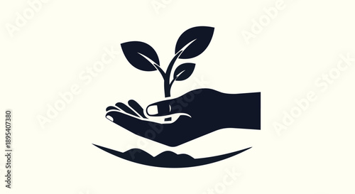 A hand holding a small plant with leaves growing out of the ground