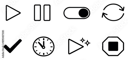 Activity start and stop in outline style: start arrow, pause symbol, toggle switch, state change arrows, action confirmation check, waiting clock, resume spark. Vector icons