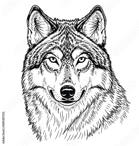 Black and white illustration of a wolf's face with intricate fur details. The wolf's focused gaze and calm expression evoke a sense of strength.