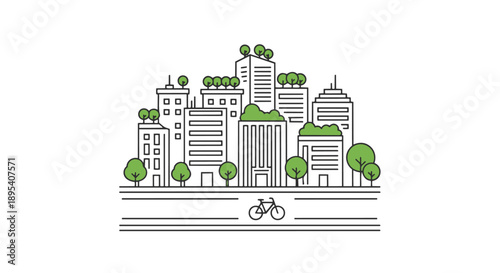 Cityscape with bicycle and green trees