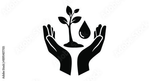 Black silhouette of hands holding a plant and water droplet