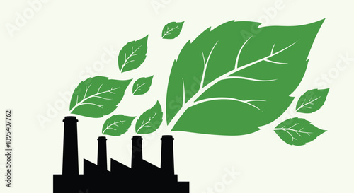 Eco friendly factory with green leaves coming out of it symbolizing sustainability