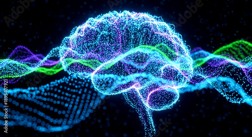 A vibrant digital depiction of a human brain formed by glowing particles is surrounded by colorful undulating neural network waves.