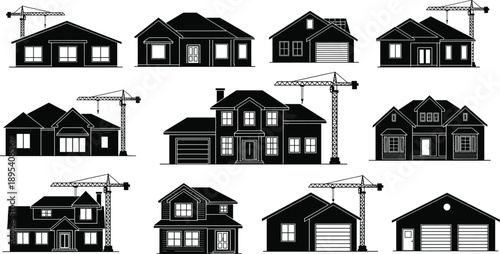 House construction icons set, residential buildings with cranes, black white silhouettes, real estate development, architecture engineering illustration isolated