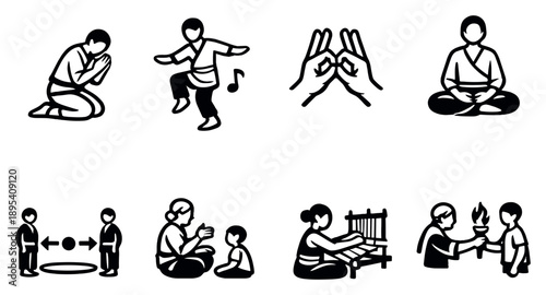 Nonverbal Heritage System in outline style: ceremonial pose, traditional dance step, ritual hand movement, posture code, spatial custom, embodied meaning. Vector icons