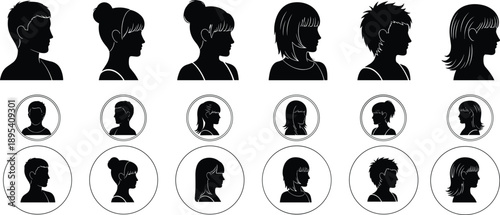 People profile silhouettes set, male female avatars collection, diverse hairstyles, side view faces, anonymous identity icons, minimal black vector design
