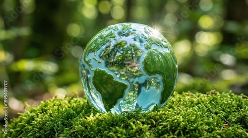 Clear Spherical Glass Earth Globe Resting on Vibrant Green Moss in a Sunlit Forest