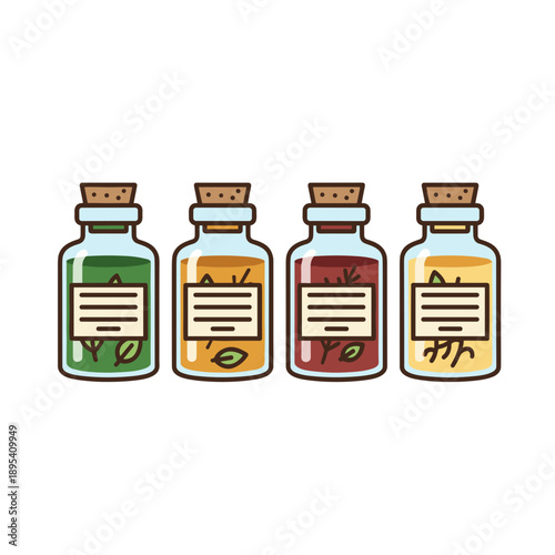Set of jars with herbal extracts isolated on white background concept of natural medicine and alternative therapy