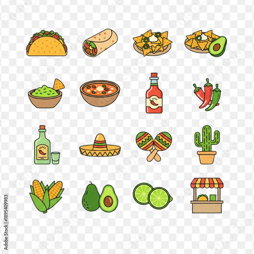 Mexican Food Icon Set, Flat Design Culinary Symbols of Tacos, Burritos, Nachos, and Tequila for Restaurant Branding