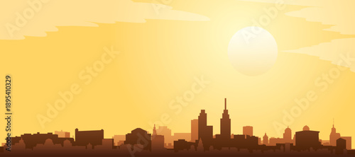 Golden yellow panoramic poster of the city skyline with misty background buildings and clouds of PHILADELPHIA, PENNSYLVANIA