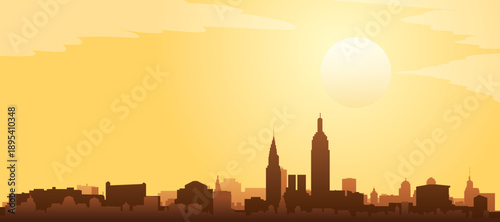 Golden yellow panoramic poster of the city skyline with misty background buildings and clouds of NEW YORK CITY, NEW YORK