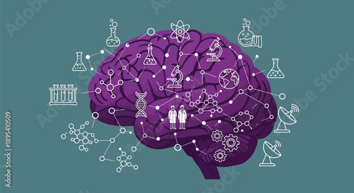 Stylized illustration of a purple human brain overlaid with interconnected white scientific icons representing research.