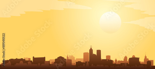 Golden yellow panoramic poster of the city skyline with misty background buildings and clouds of HONG KONG, CHINA