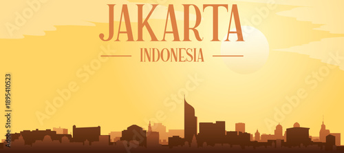 Golden yellow panoramic poster of the city skyline with misty background buildings and clouds of JAKARTA, INDONESIA