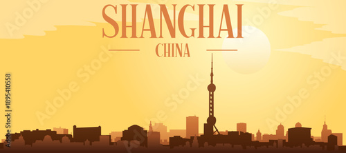 Golden yellow panoramic poster of the city skyline with misty background buildings and clouds of SHANGHAI, CHINA