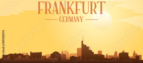 Golden yellow panoramic poster of the city skyline with misty background buildings and clouds of FRANKFURT, GERMANY