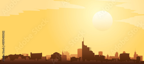 Golden yellow panoramic poster of the city skyline with misty background buildings and clouds of FRANKFURT, GERMANY