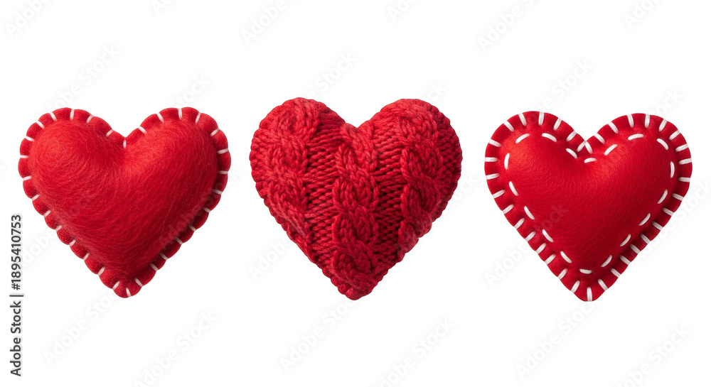 Fototapeta premium Set of Three Red Heart Shapes with Knitted and Stitched Textures