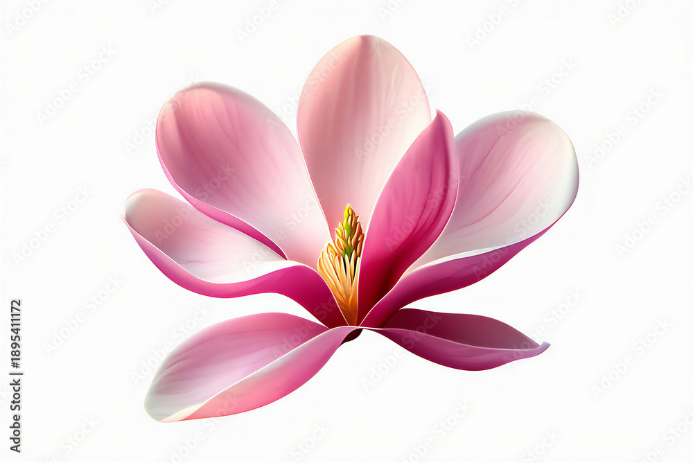 Fototapeta premium Stunning vibrant pink magnolia flower in exquisite full bloom displaying delicate petals against a clean white backdrop