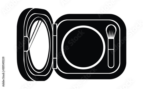 Open compact powder case with mirror and small makeup applicator icon