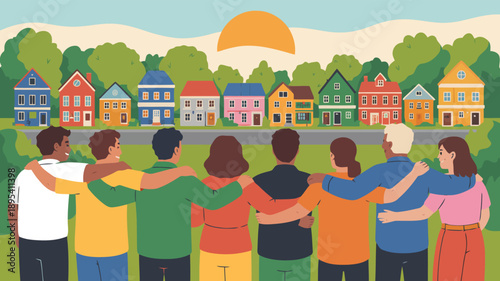 Diverse group of people standing arm in arm in front of a colorful friendly neighborhood