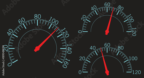 Dynamic dashboard display showcasing three illuminated speedometers with varying speeds