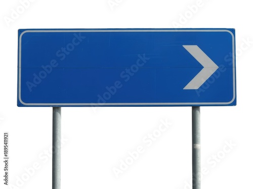 Blank blue directional road sign with white arrow on metal posts