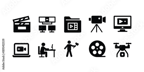 Video production silhouette icon set, movie cinema equipment, clapperboard and film reel, camera tripod and drone, multimedia editing, and more vector illustration with editable stroke.