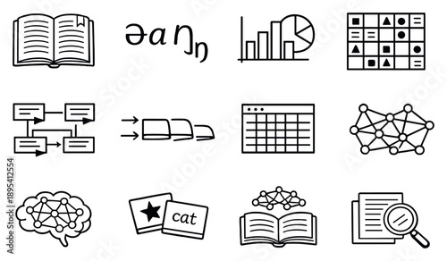 Linguistic analysis tools in outline style: dictionary page, phonetic transcription symbols, morpheme frequency chart, word pattern grid, text annotation tags. Vector icons