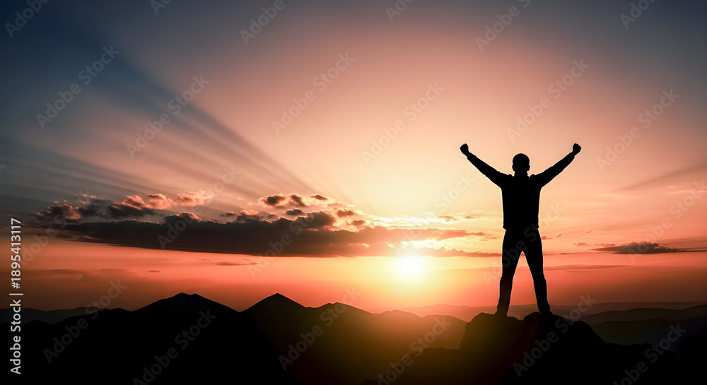 Fototapeta premium Man standing triumphantly on mountain peak at vibrant sunset