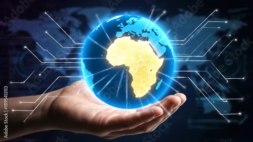 Africa in Your Hands - Digital Globe Concept - A hand holds a glowing digital globe with Africa highlighted in yellow.