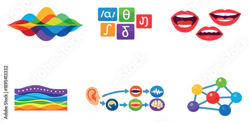 Spoken language encoding in flat style: speech waveform bands, phonetic symbol set, articulation mouth shapes, acoustic signal layers, pronunciation mapping. Vector icons